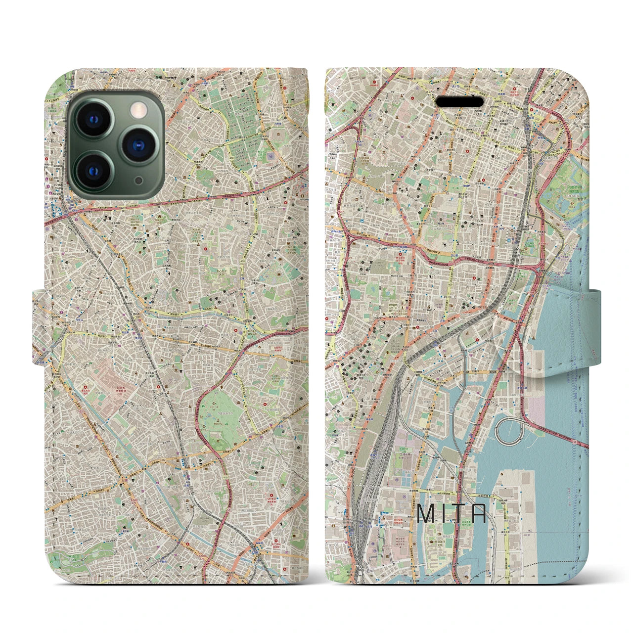 【三田(東京都)】地図柄iPhoneケース(手帳タイプ)ナチュラル・iPhone 11 Pro 用