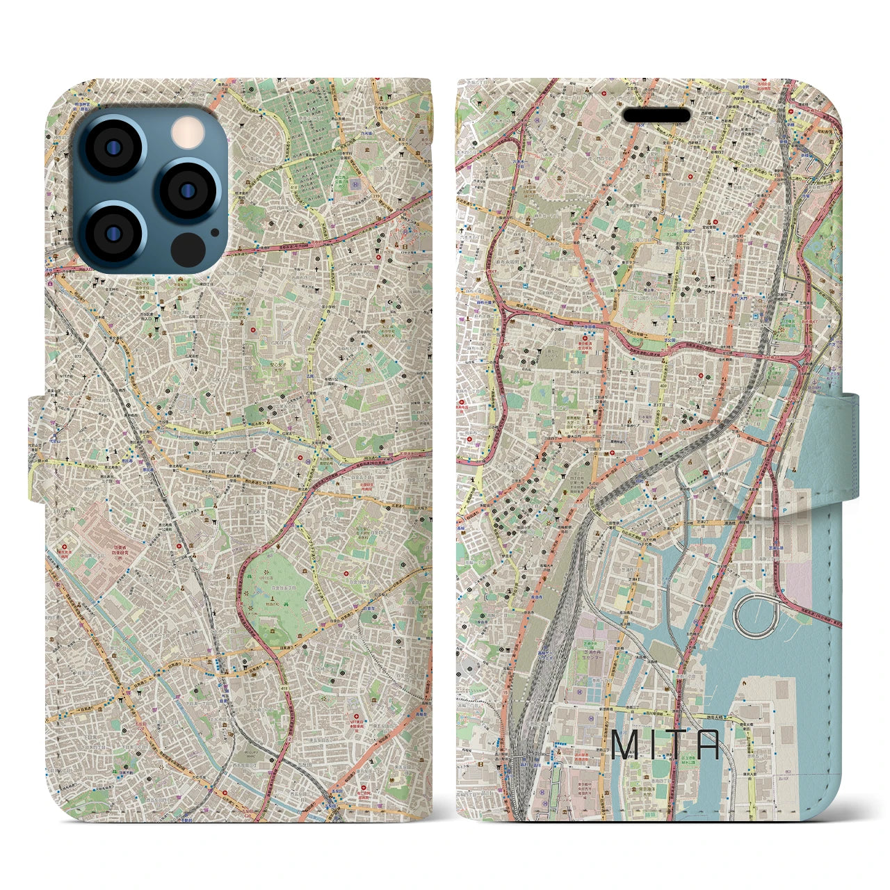 【三田(東京都)】地図柄iPhoneケース(手帳タイプ)ナチュラル・iPhone 12 / 12 Pro 用