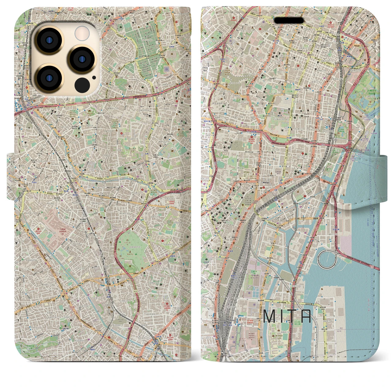 【三田(東京都)】地図柄iPhoneケース(手帳タイプ)ナチュラル・iPhone 12 Pro Max 用