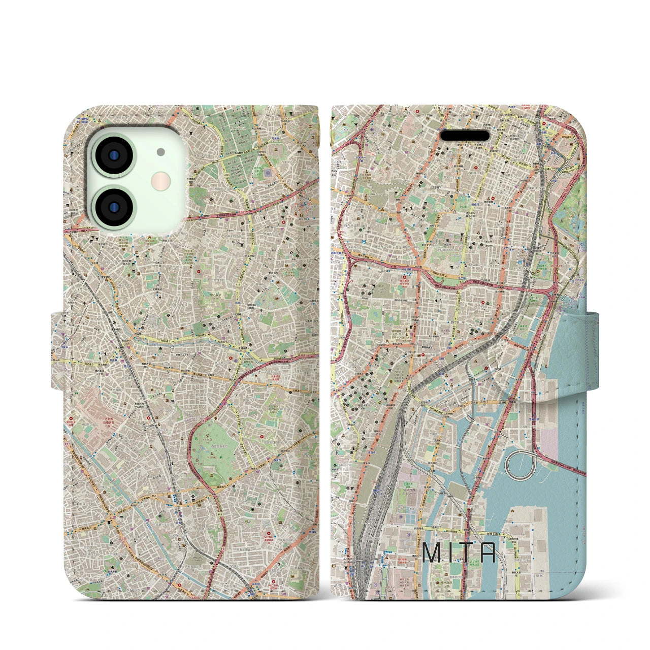 【三田(東京都)】地図柄iPhoneケース(手帳タイプ)ナチュラル・iPhone 12 mini 用