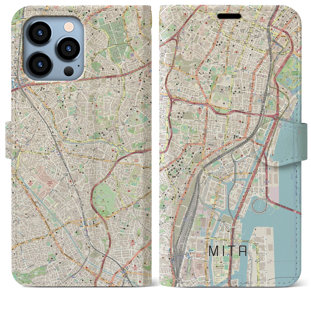 【三田(東京都)】地図柄iPhoneケース(手帳タイプ)ナチュラル・iPhone 13 Pro Max 用