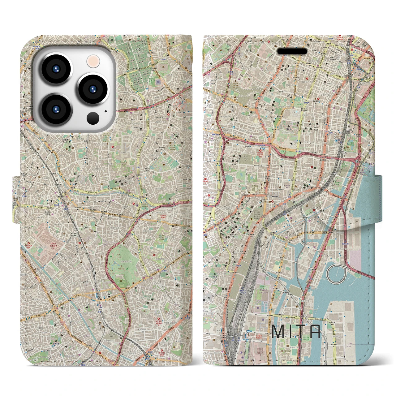 【三田(東京都)】地図柄iPhoneケース(手帳タイプ)ナチュラル・iPhone 13 Pro 用