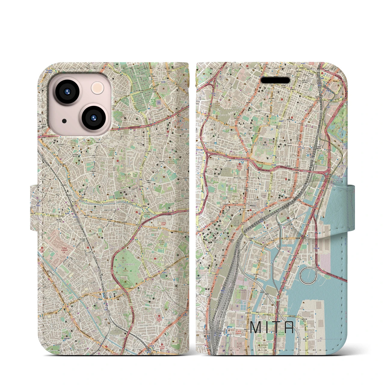 【三田(東京都)】地図柄iPhoneケース(手帳タイプ)ナチュラル・iPhone 13 mini 用