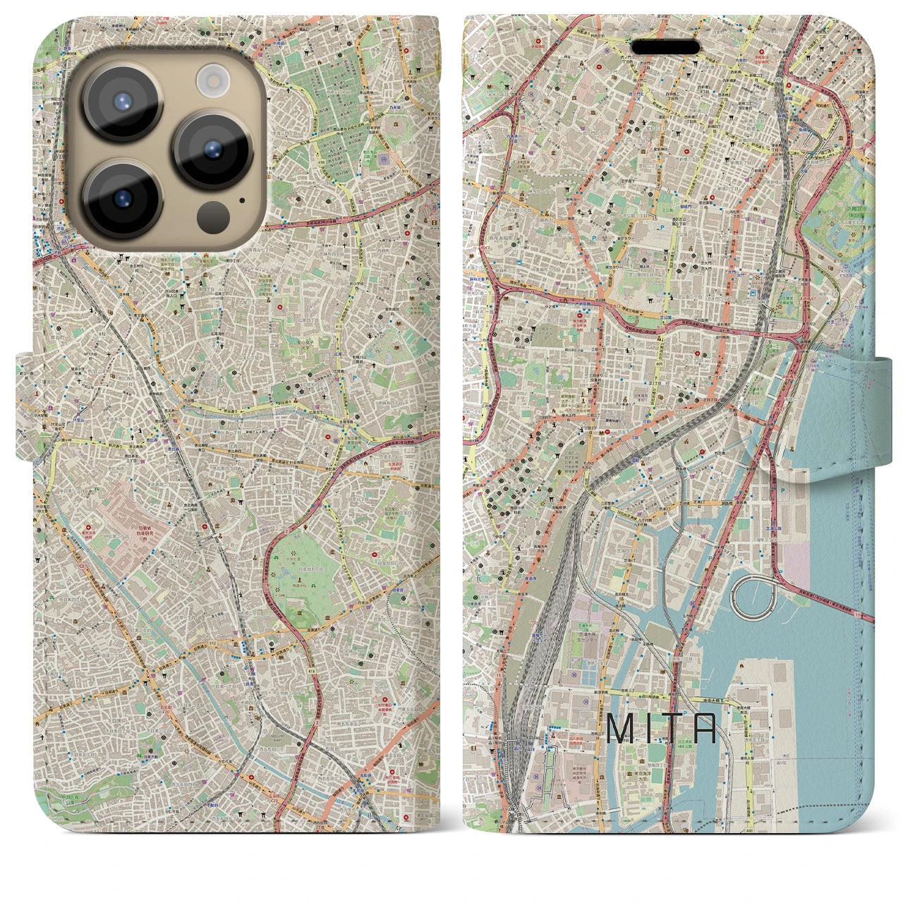 【三田(東京都)】地図柄iPhoneケース(手帳タイプ)ナチュラル・iPhone 14 Pro Max 用