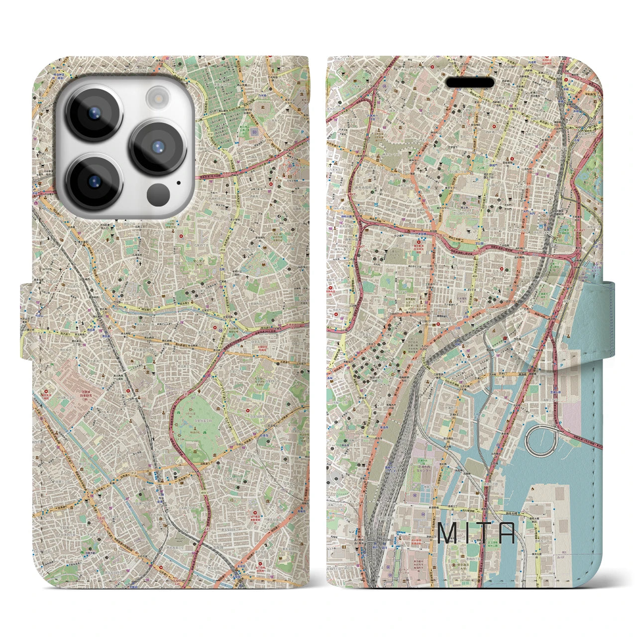 【三田(東京都)】地図柄iPhoneケース(手帳タイプ)ナチュラル・iPhone 14 Pro 用