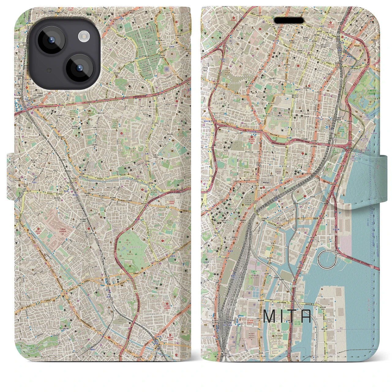 【三田(東京都)】地図柄iPhoneケース(手帳タイプ)ナチュラル・iPhone 14 Plus 用