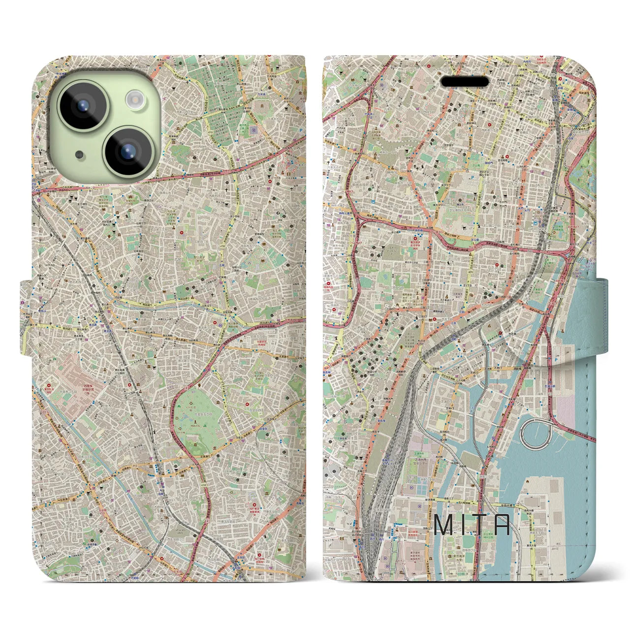 【三田(東京都)】地図柄iPhoneケース(手帳タイプ)ナチュラル・iPhone 15 用