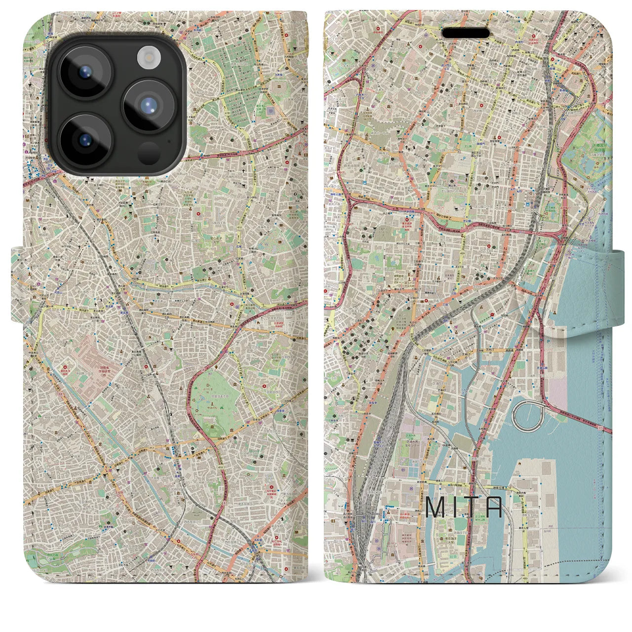 【三田(東京都)】地図柄iPhoneケース(手帳タイプ)ナチュラル・iPhone 15 Pro Max 用