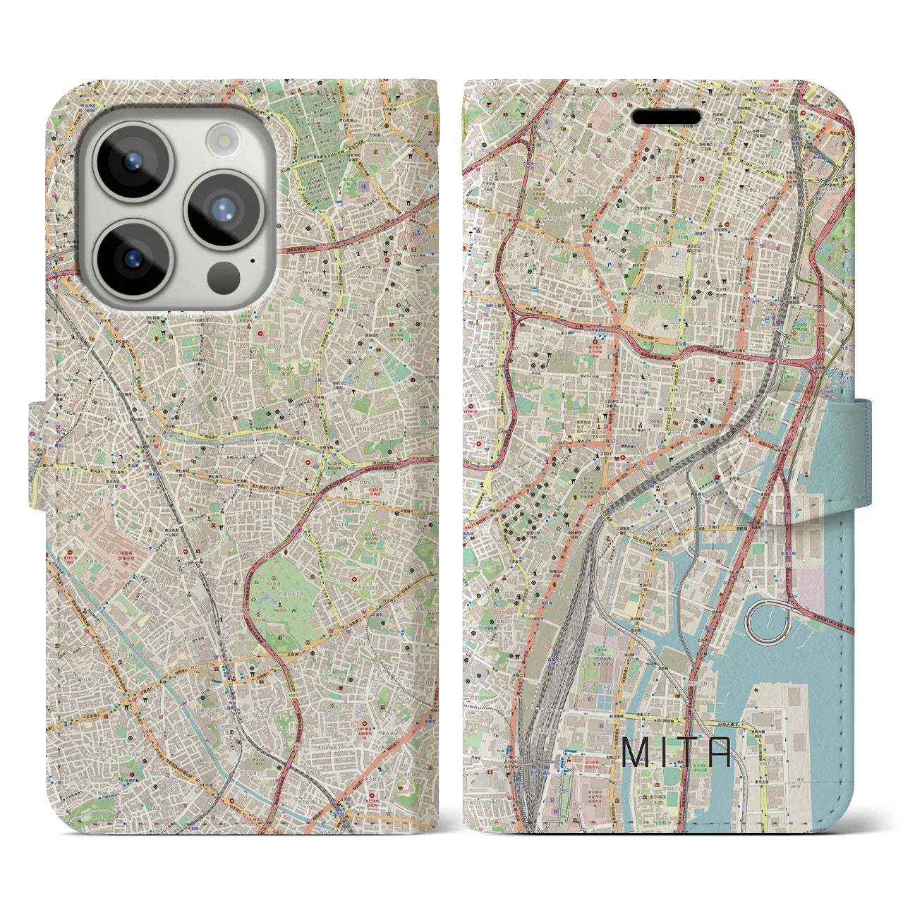 【三田(東京都)】地図柄iPhoneケース(手帳タイプ)ナチュラル・iPhone 15 Pro 用