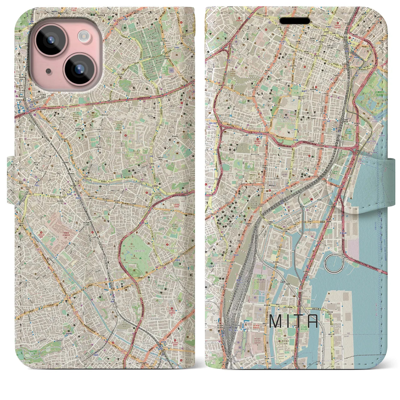 【三田(東京都)】地図柄iPhoneケース(手帳タイプ)ナチュラル・iPhone 15 Plus 用