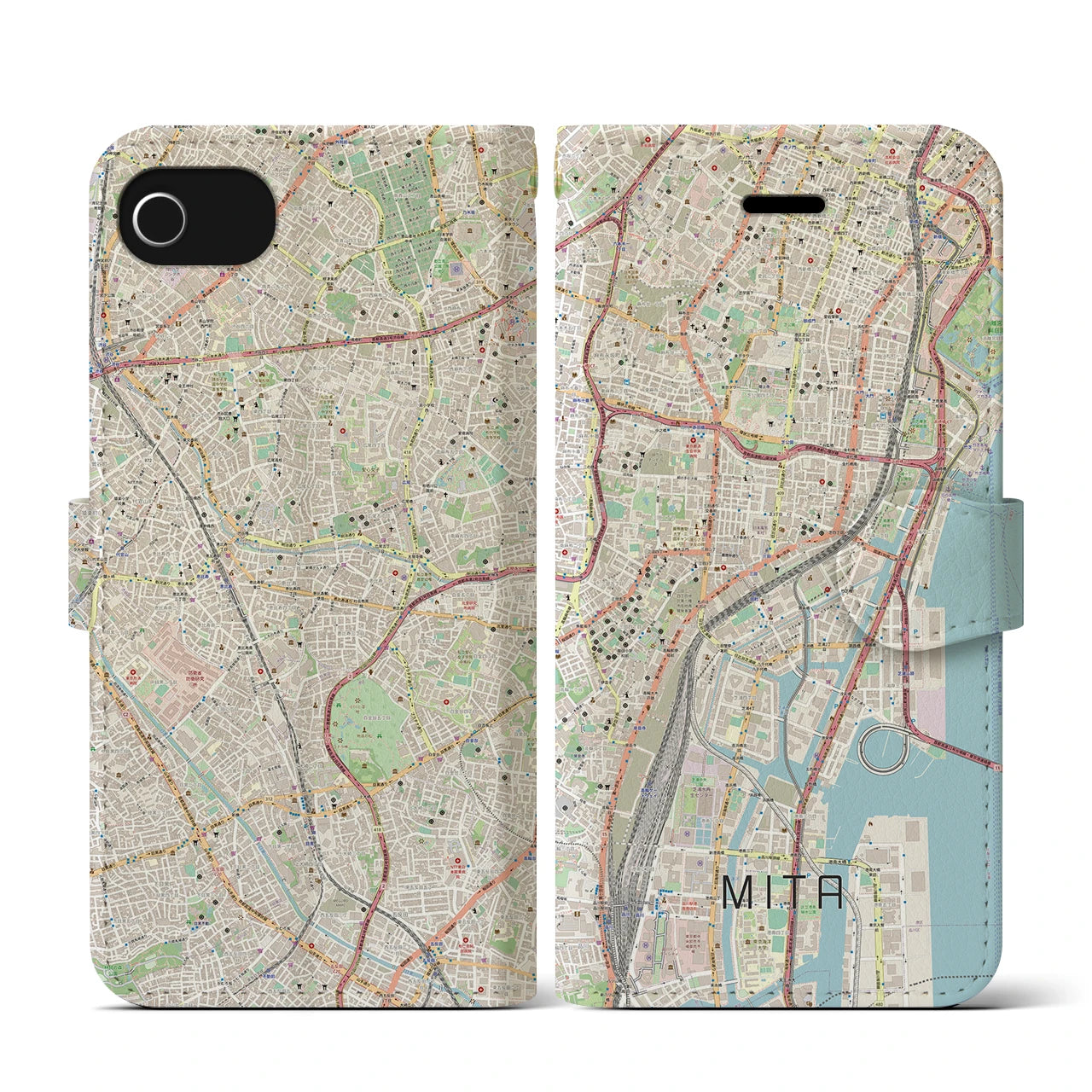 【三田(東京都)】地図柄iPhoneケース(手帳タイプ)ナチュラル・iPhone SE(第3 / 第2世代) / 8 / 7 / 6s / 6 用