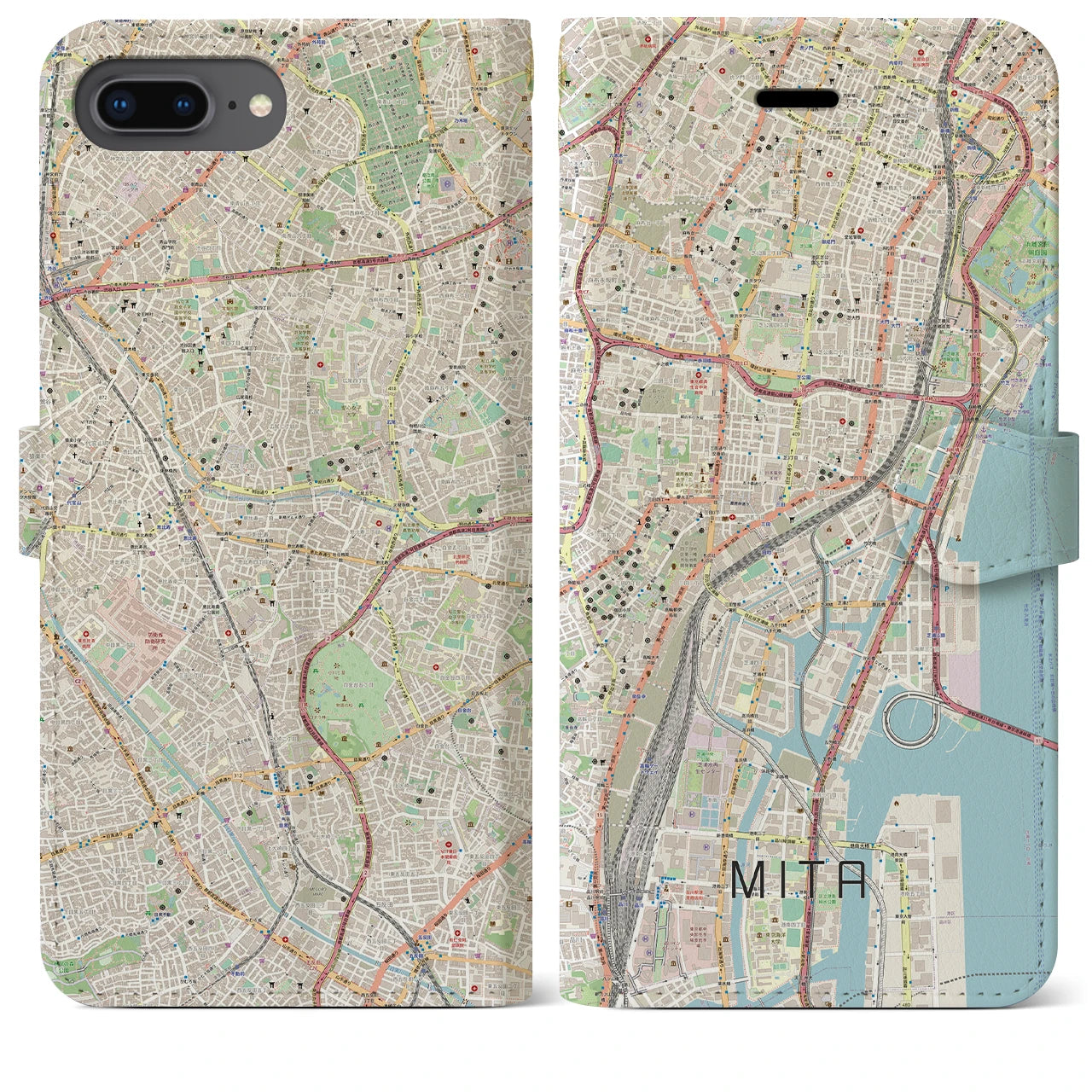 【三田(東京都)】地図柄iPhoneケース(手帳タイプ)ナチュラル・iPhone 8Plus /7Plus / 6sPlus / 6Plus 用