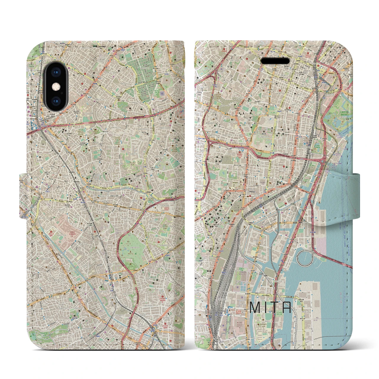 【三田(東京都)】地図柄iPhoneケース(手帳タイプ)ナチュラル・iPhone XS / X 用