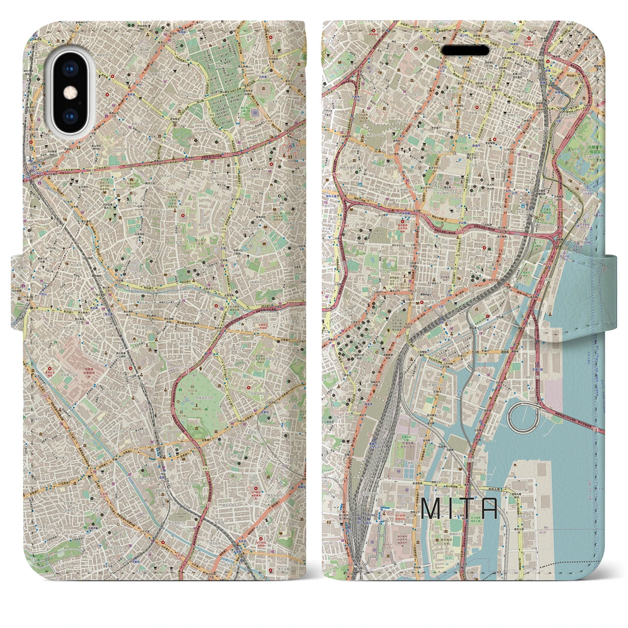 【三田(東京都)】地図柄iPhoneケース(手帳タイプ)ナチュラル・iPhone XS Max 用