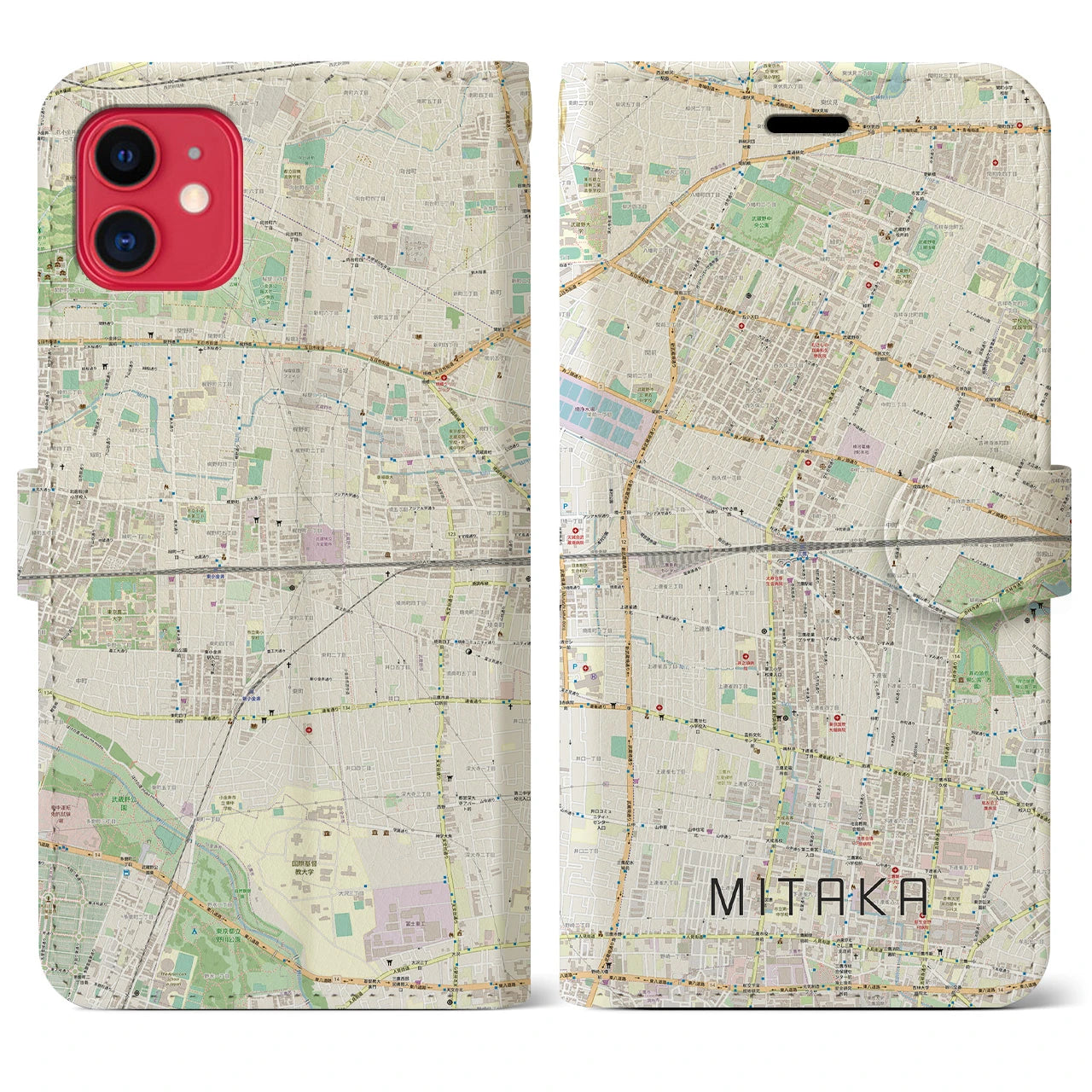【三鷹(東京都)】地図柄iPhoneケース(手帳タイプ)ナチュラル・iPhone 11 用