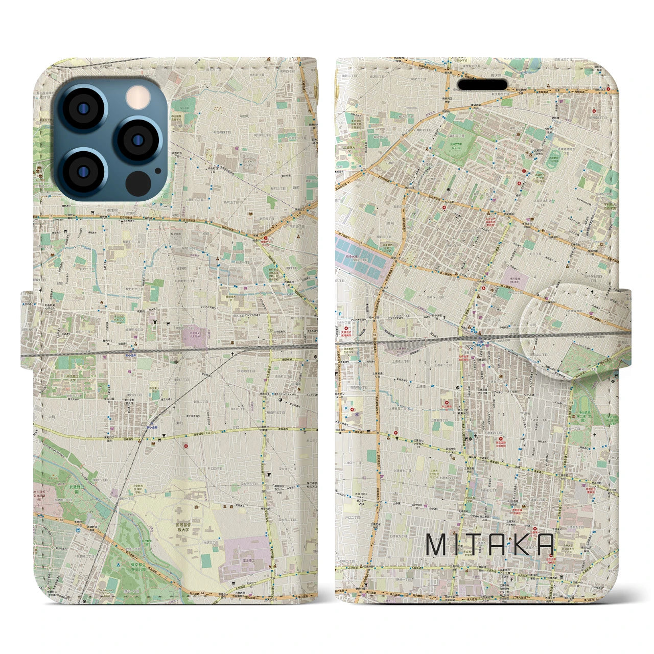 【三鷹(東京都)】地図柄iPhoneケース(手帳タイプ)ナチュラル・iPhone 12 / 12 Pro 用