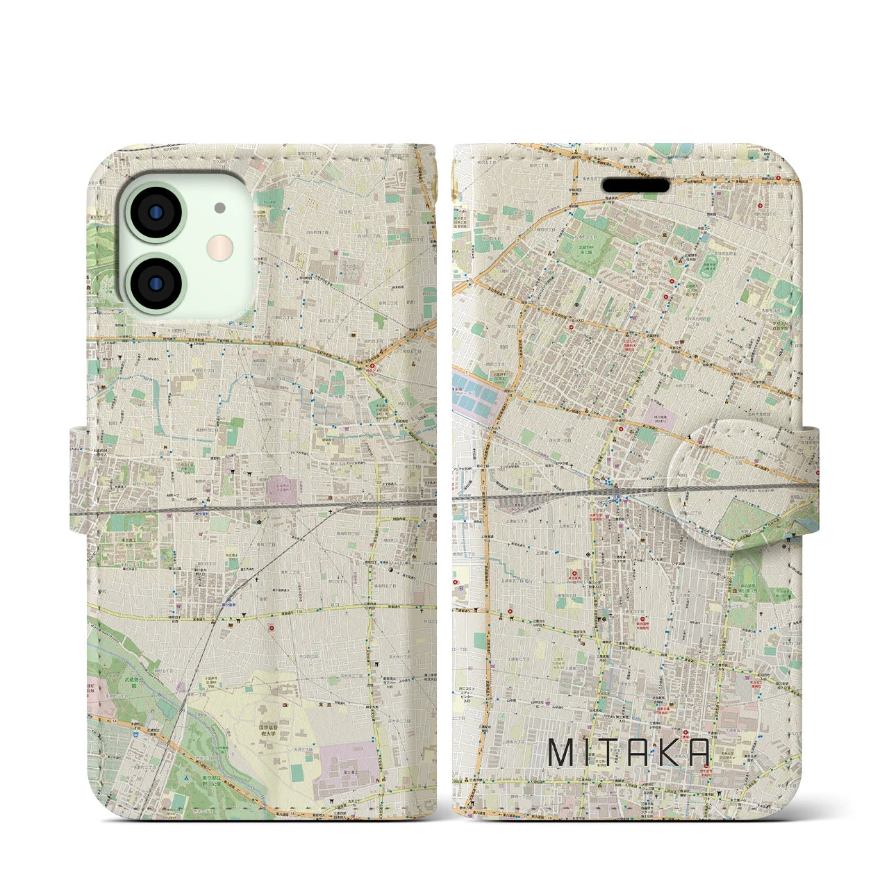 【三鷹(東京都)】地図柄iPhoneケース(手帳タイプ)ナチュラル・iPhone 12 mini 用