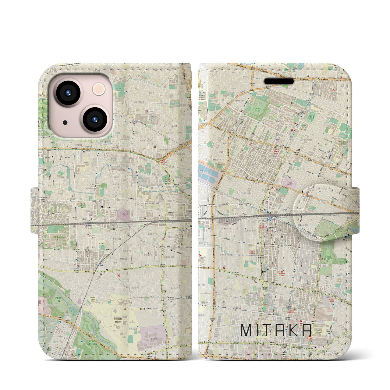 【三鷹(東京都)】地図柄iPhoneケース(手帳タイプ)ナチュラル・iPhone 13 mini 用
