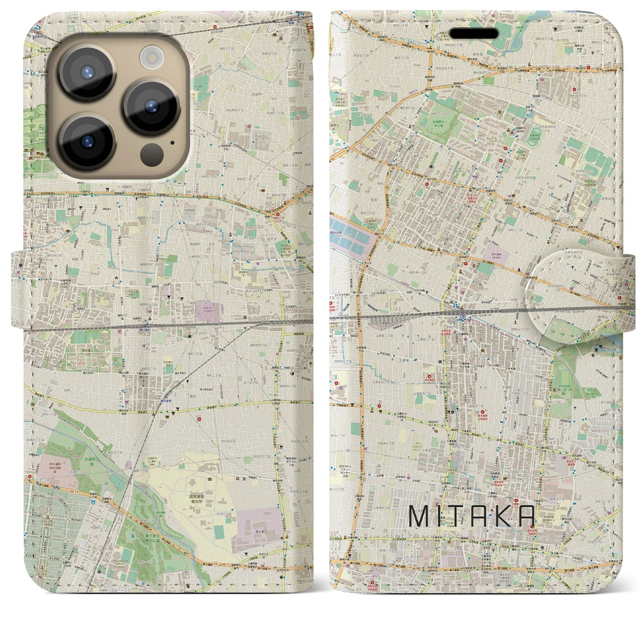 【三鷹(東京都)】地図柄iPhoneケース(手帳タイプ)ナチュラル・iPhone 14 Pro Max 用