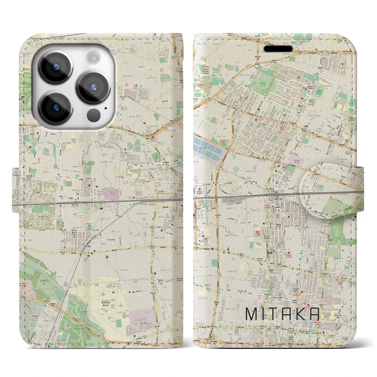 【三鷹(東京都)】地図柄iPhoneケース(手帳タイプ)ナチュラル・iPhone 14 Pro 用