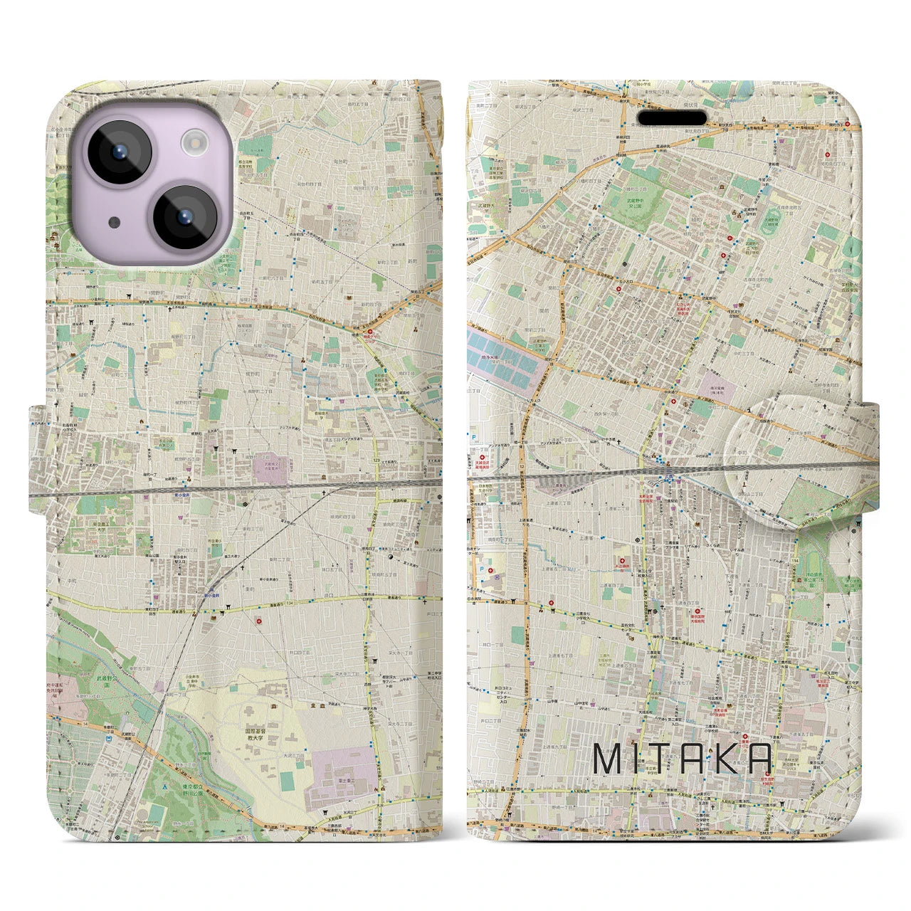 【三鷹(東京都)】地図柄iPhoneケース(手帳タイプ)ナチュラル・iPhone 14 用