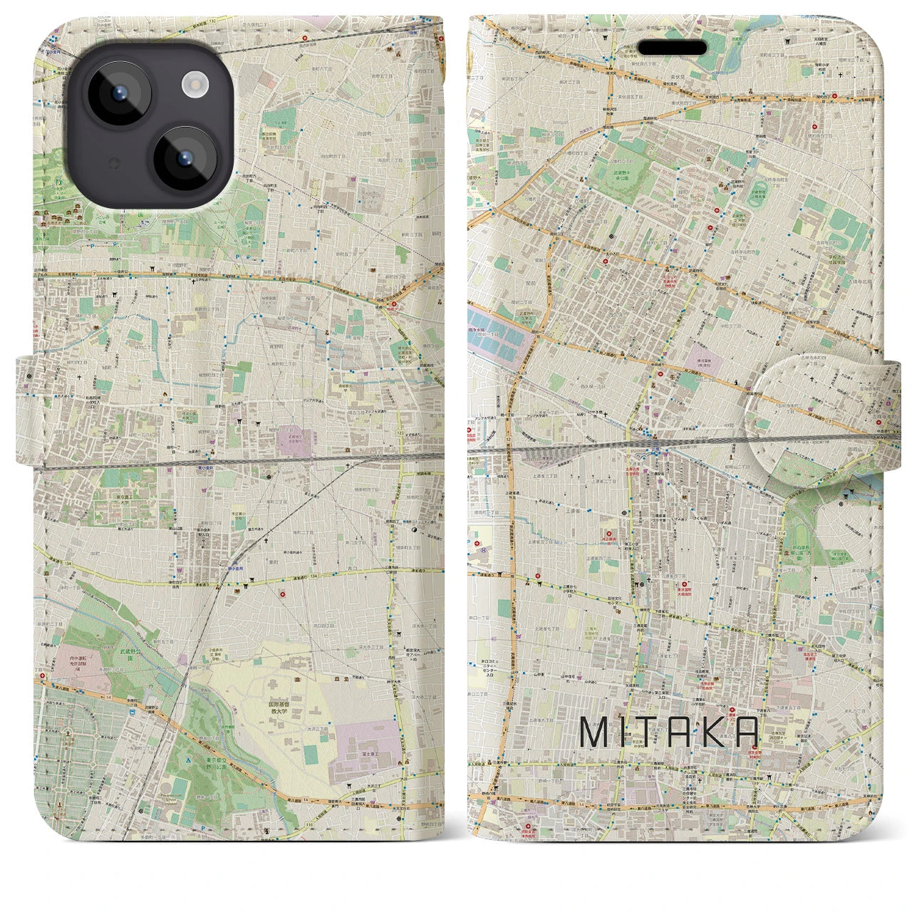 【三鷹(東京都)】地図柄iPhoneケース(手帳タイプ)ナチュラル・iPhone 14 Plus 用