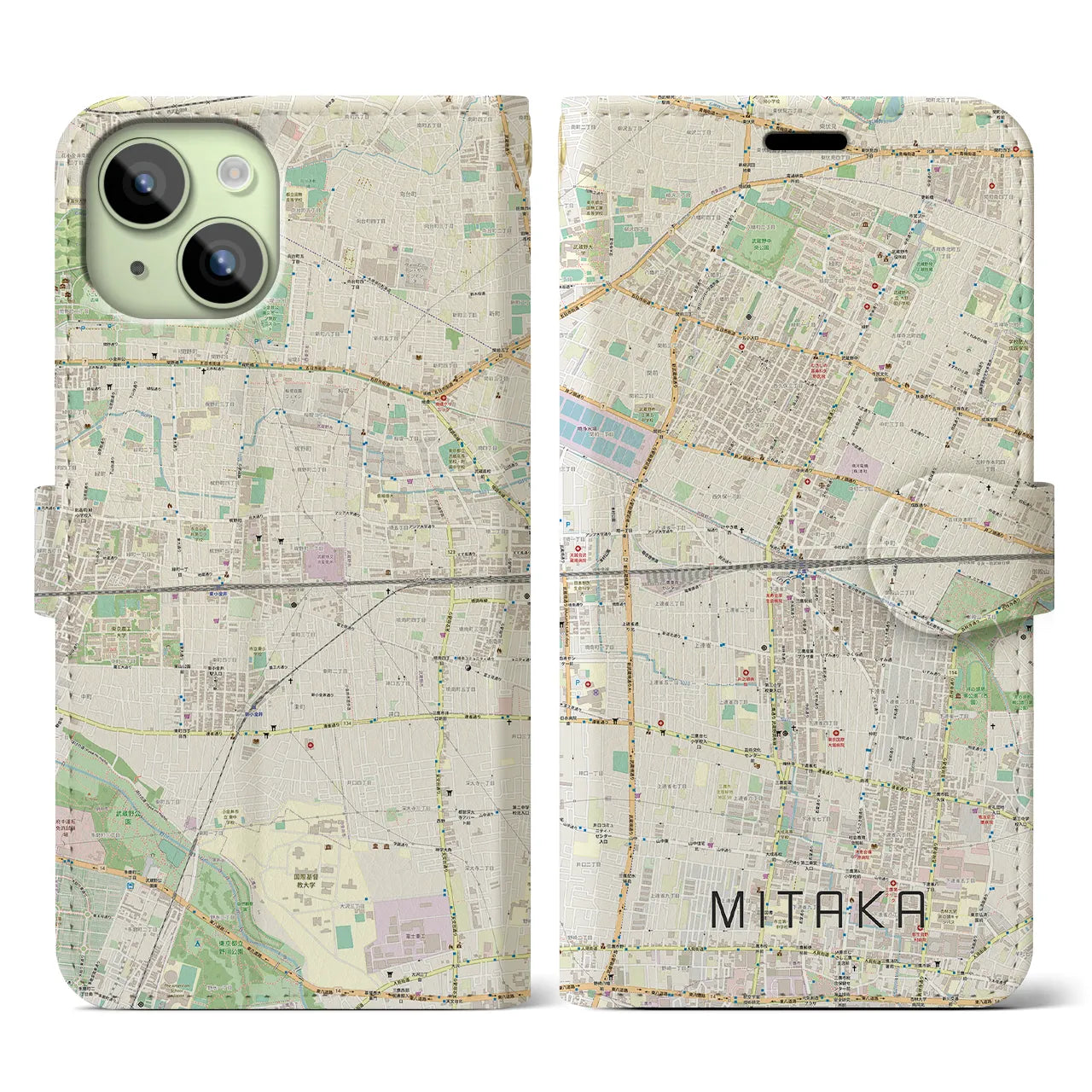 【三鷹(東京都)】地図柄iPhoneケース(手帳タイプ)ナチュラル・iPhone 15 用