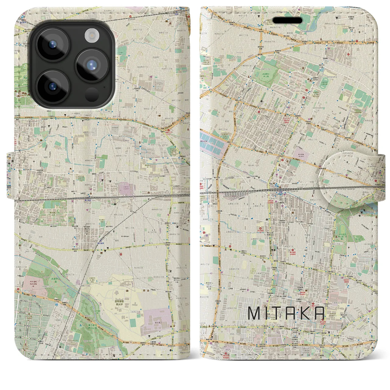 【三鷹(東京都)】地図柄iPhoneケース(手帳タイプ)ナチュラル・iPhone 15 Pro Max 用