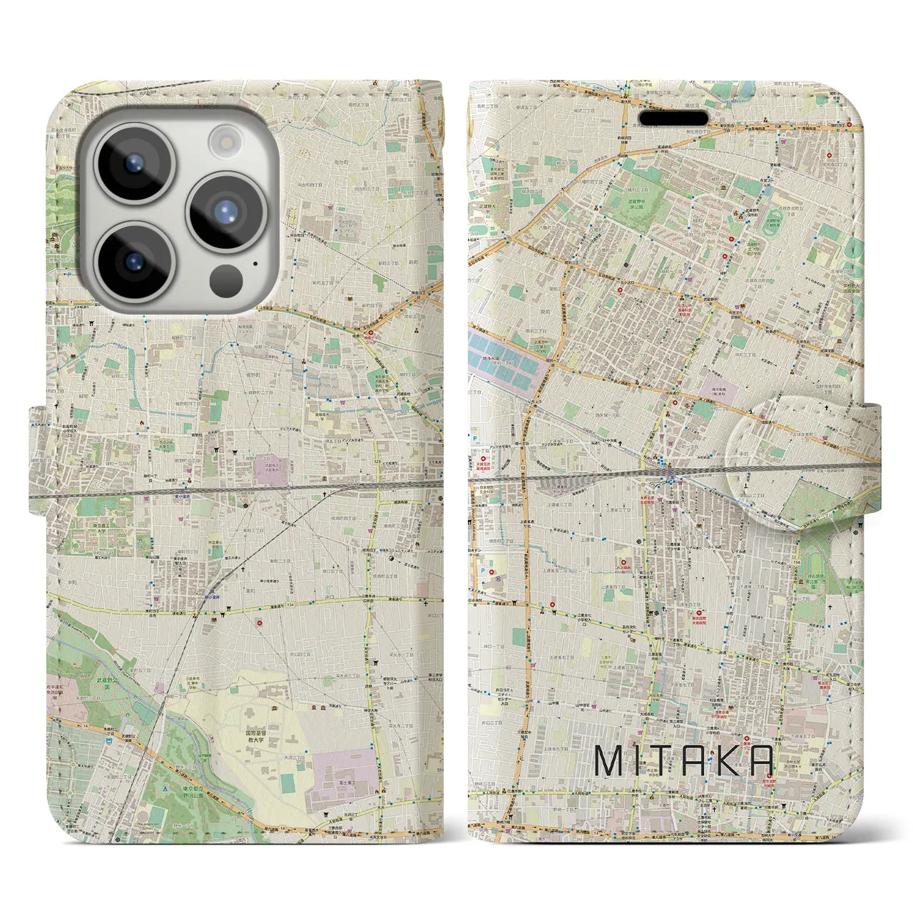 【三鷹(東京都)】地図柄iPhoneケース(手帳タイプ)ナチュラル・iPhone 15 Pro 用