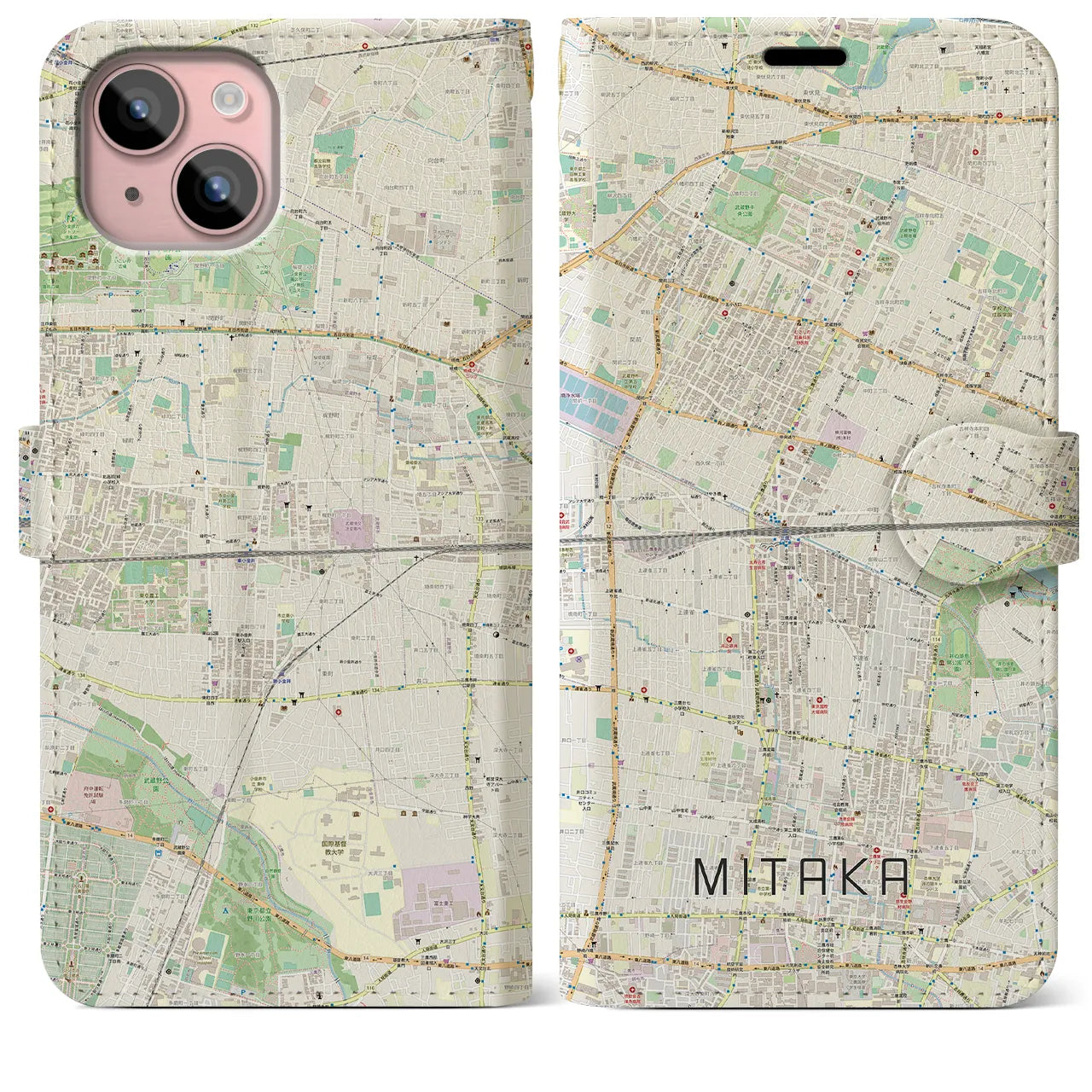 【三鷹(東京都)】地図柄iPhoneケース(手帳タイプ)ナチュラル・iPhone 15 Plus 用