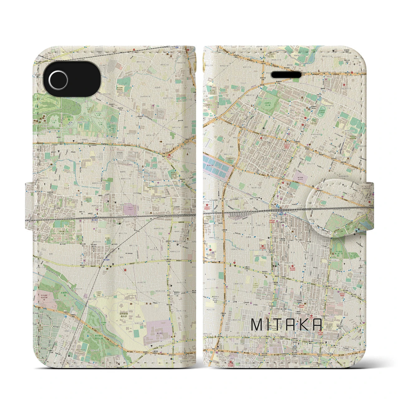 【三鷹(東京都)】地図柄iPhoneケース(手帳タイプ)ナチュラル・iPhone SE(第3 / 第2世代) / 8 / 7 / 6s / 6 用