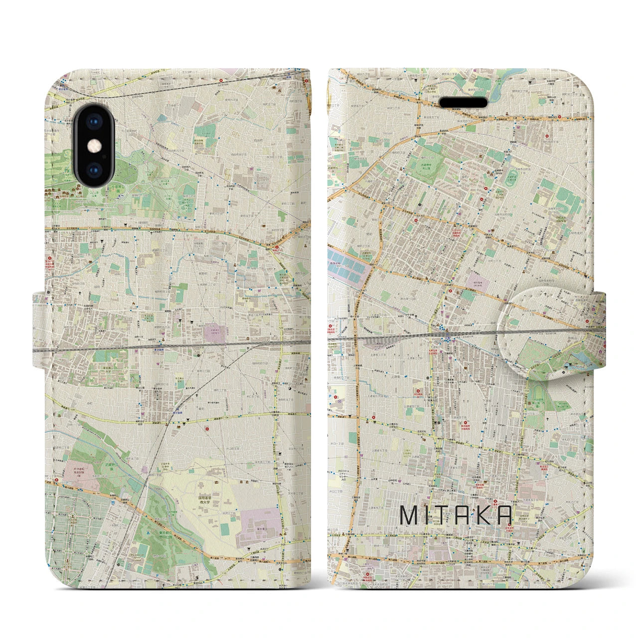 【三鷹(東京都)】地図柄iPhoneケース(手帳タイプ)ナチュラル・iPhone XS / X 用