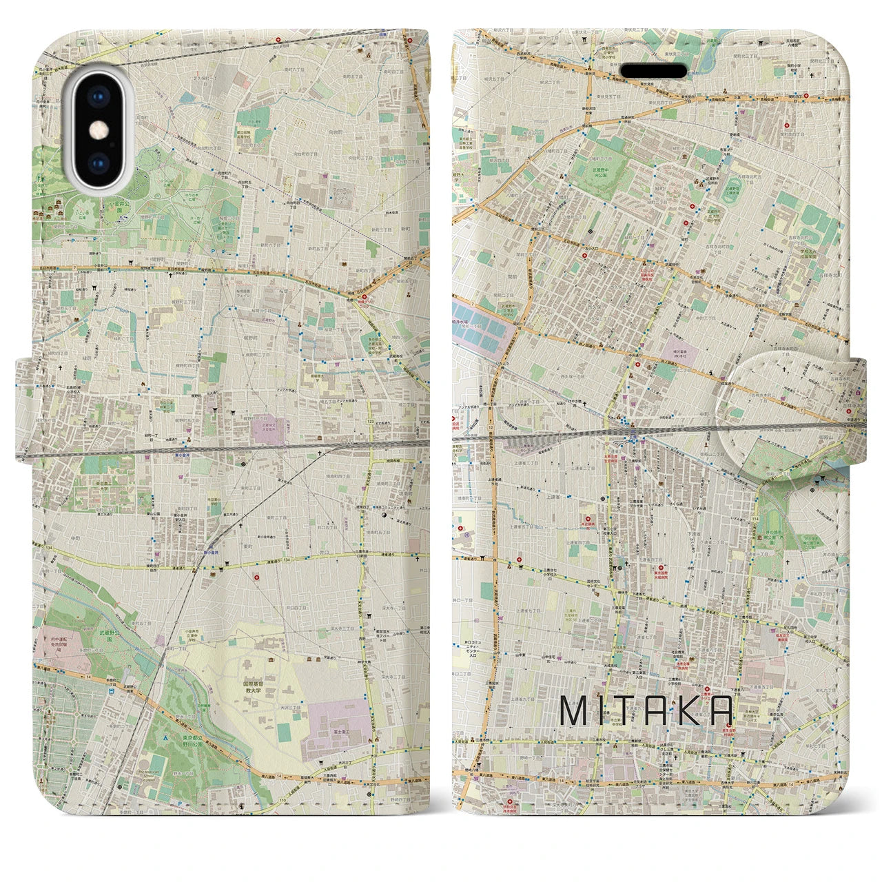 【三鷹(東京都)】地図柄iPhoneケース(手帳タイプ)ナチュラル・iPhone XS Max 用
