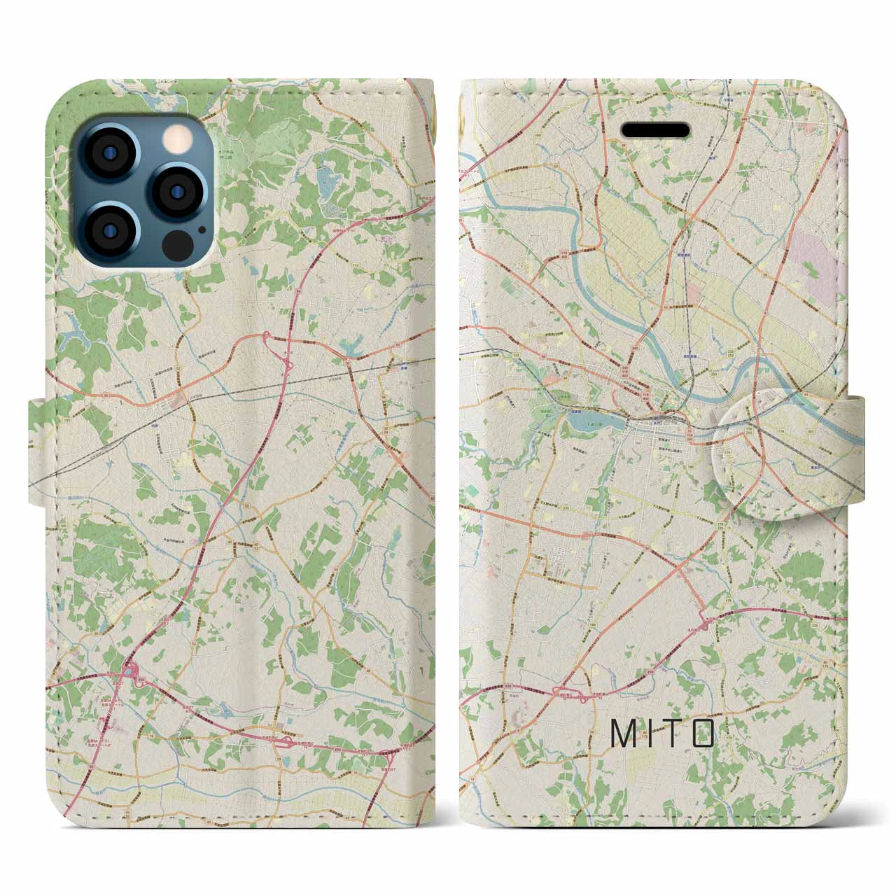 【水戸(茨城県)】地図柄iPhoneケース(手帳タイプ)ナチュラル・iPhone 12 / 12 Pro 用