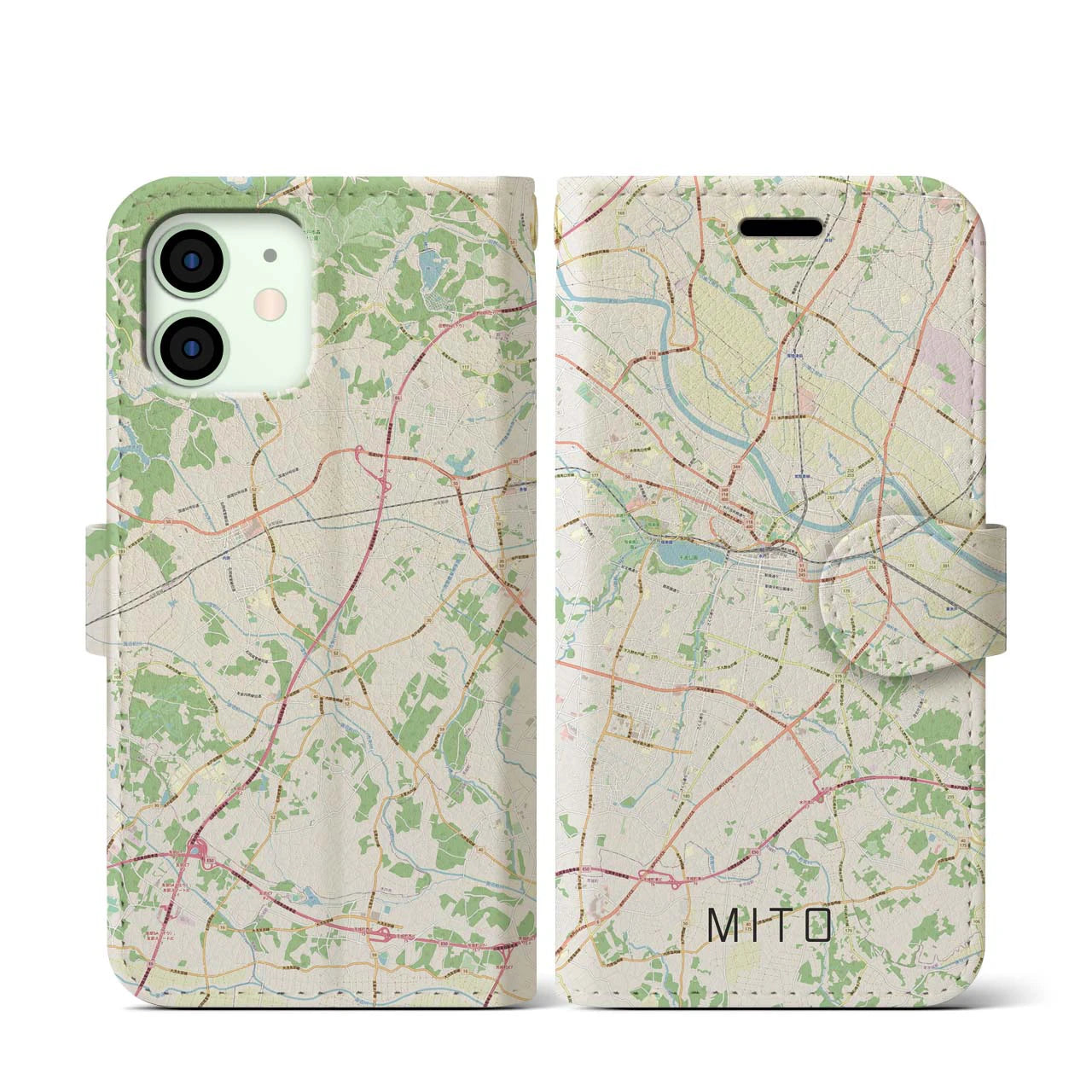【水戸(茨城県)】地図柄iPhoneケース(手帳タイプ)ナチュラル・iPhone 12 mini 用
