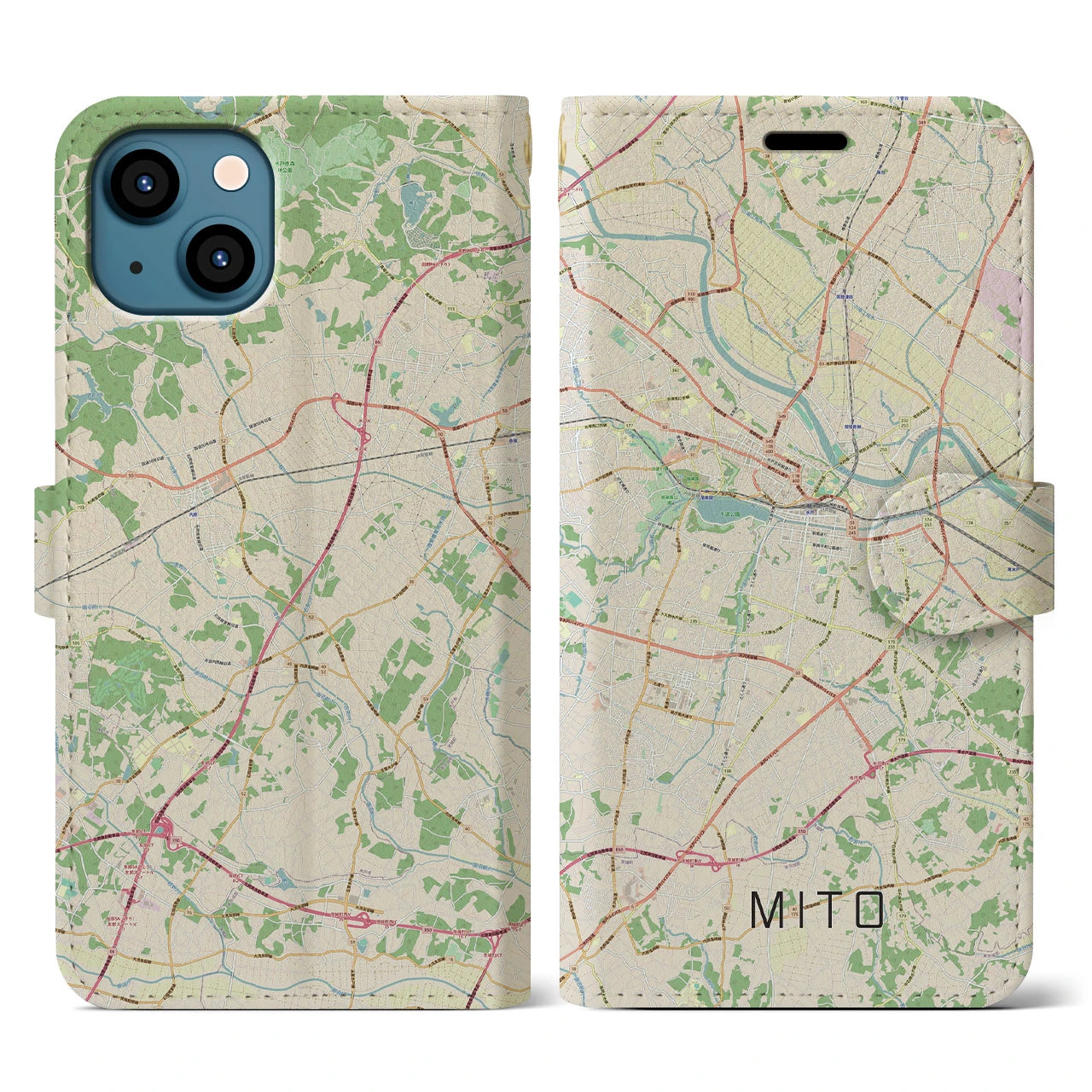 【水戸(茨城県)】地図柄iPhoneケース(手帳タイプ)ナチュラル・iPhone 13 用