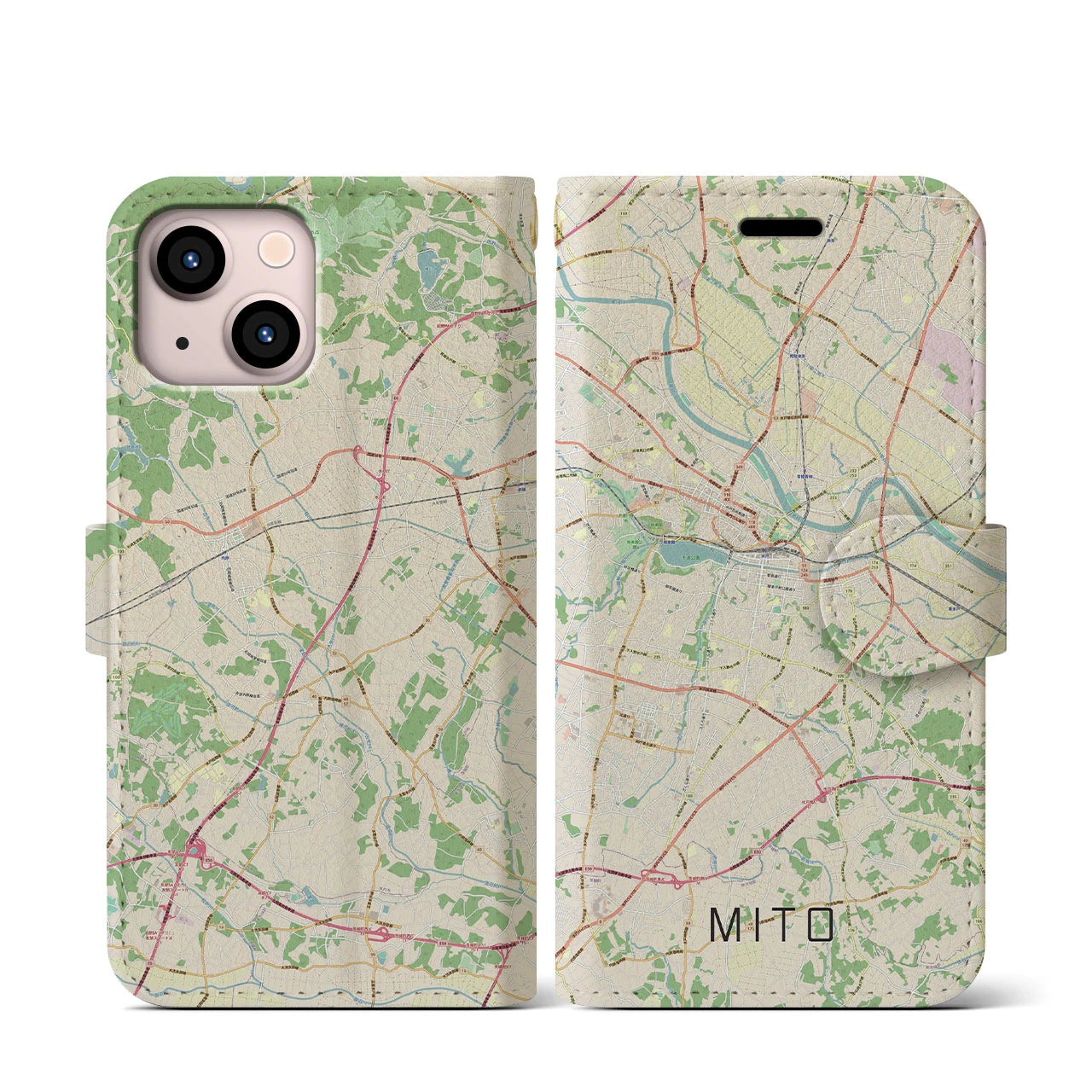 【水戸(茨城県)】地図柄iPhoneケース(手帳タイプ)ナチュラル・iPhone 13 mini 用