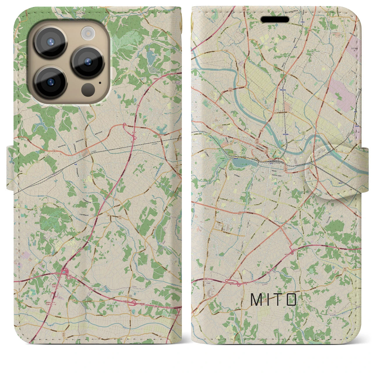 【水戸(茨城県)】地図柄iPhoneケース(手帳タイプ)ナチュラル・iPhone 14 Pro Max 用