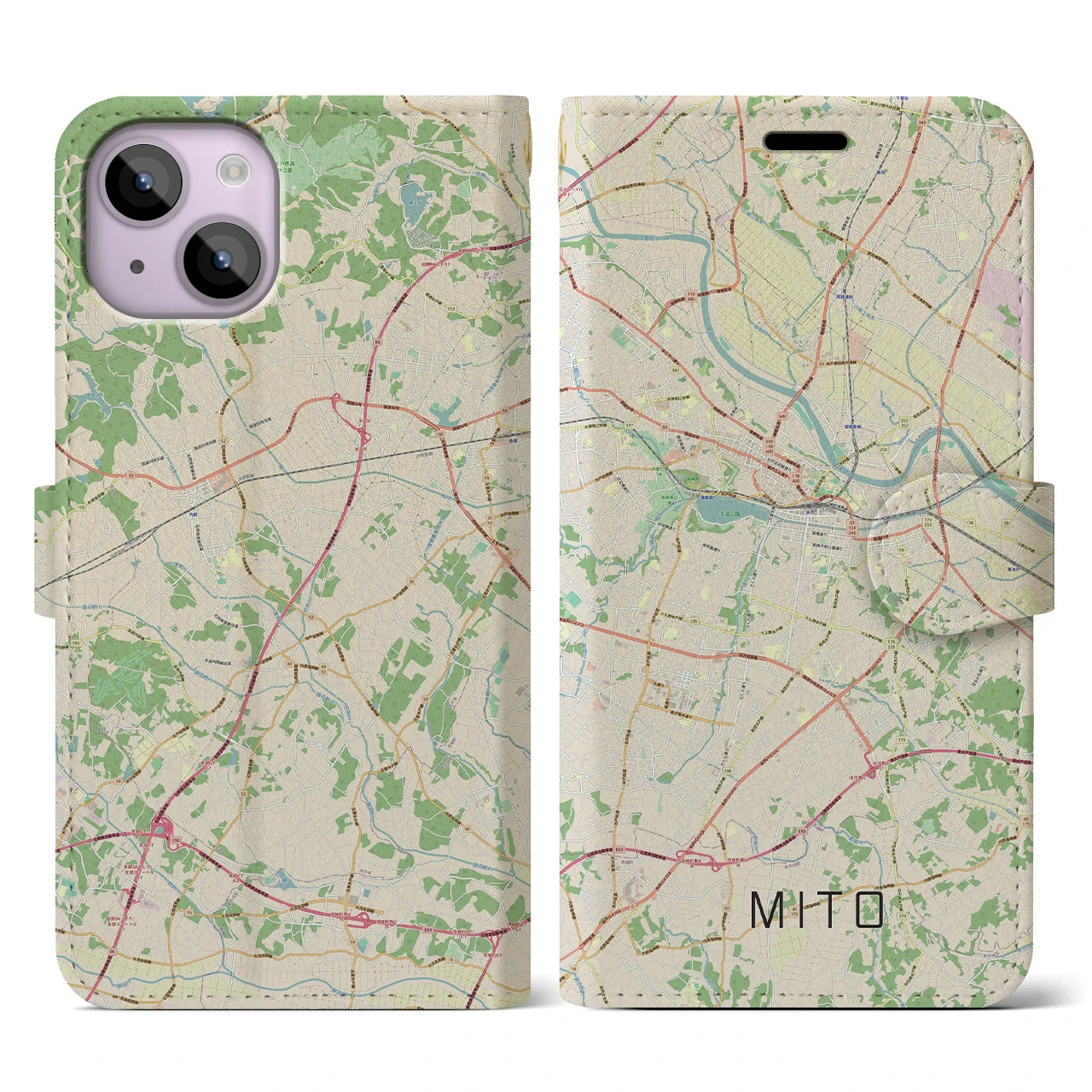 【水戸(茨城県)】地図柄iPhoneケース(手帳タイプ)ナチュラル・iPhone 14 用