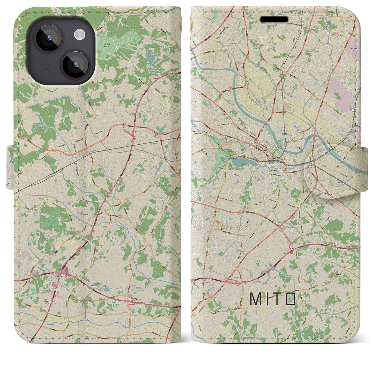【水戸(茨城県)】地図柄iPhoneケース(手帳タイプ)ナチュラル・iPhone 14 Plus 用