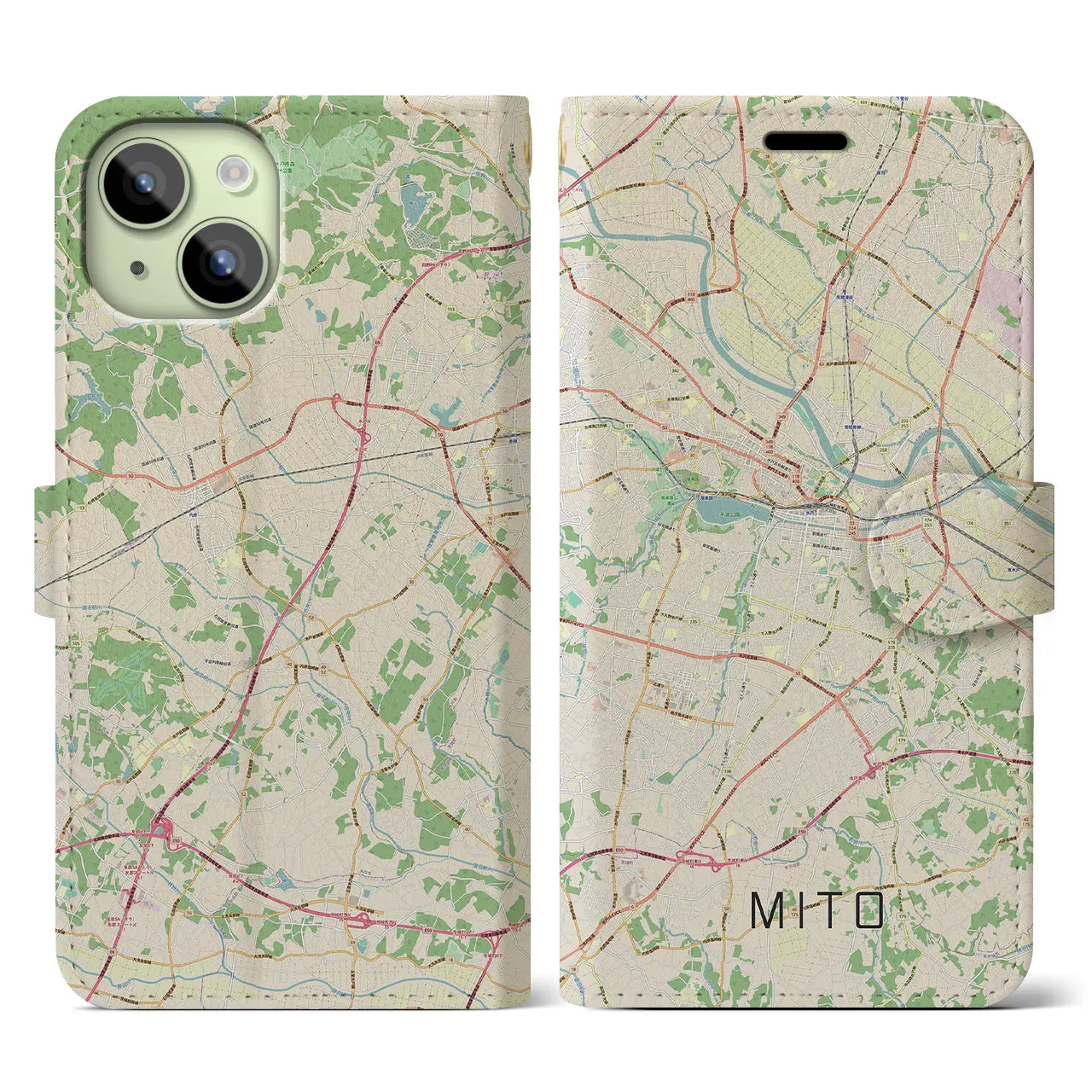 【水戸(茨城県)】地図柄iPhoneケース(手帳タイプ)ナチュラル・iPhone 15 用