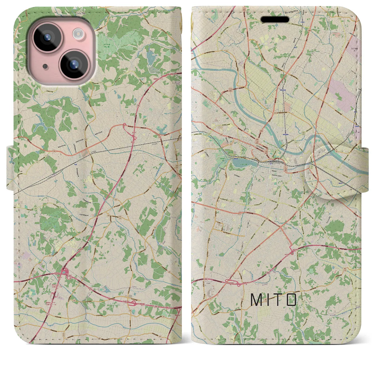 【水戸(茨城県)】地図柄iPhoneケース(手帳タイプ)ナチュラル・iPhone 15 Plus 用