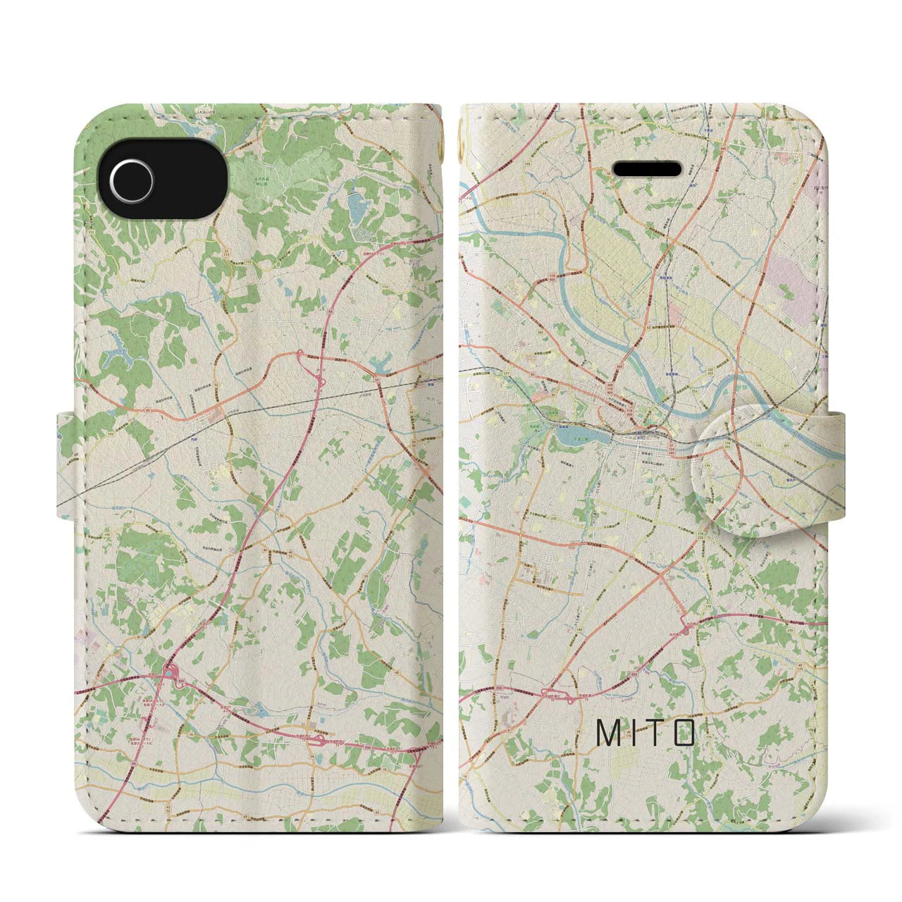 【水戸(茨城県)】地図柄iPhoneケース(手帳タイプ)ナチュラル・iPhone SE(第3 / 第2世代) / 8 / 7 / 6s / 6 用