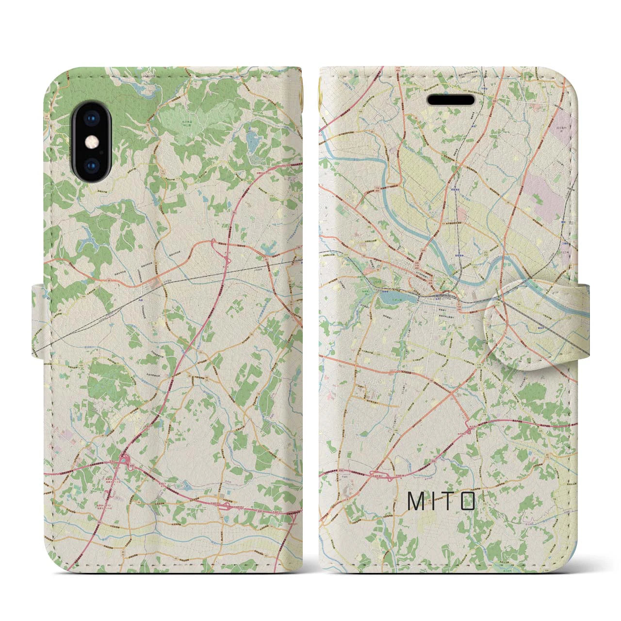 【水戸(茨城県)】地図柄iPhoneケース(手帳タイプ)ナチュラル・iPhone XS / X 用
