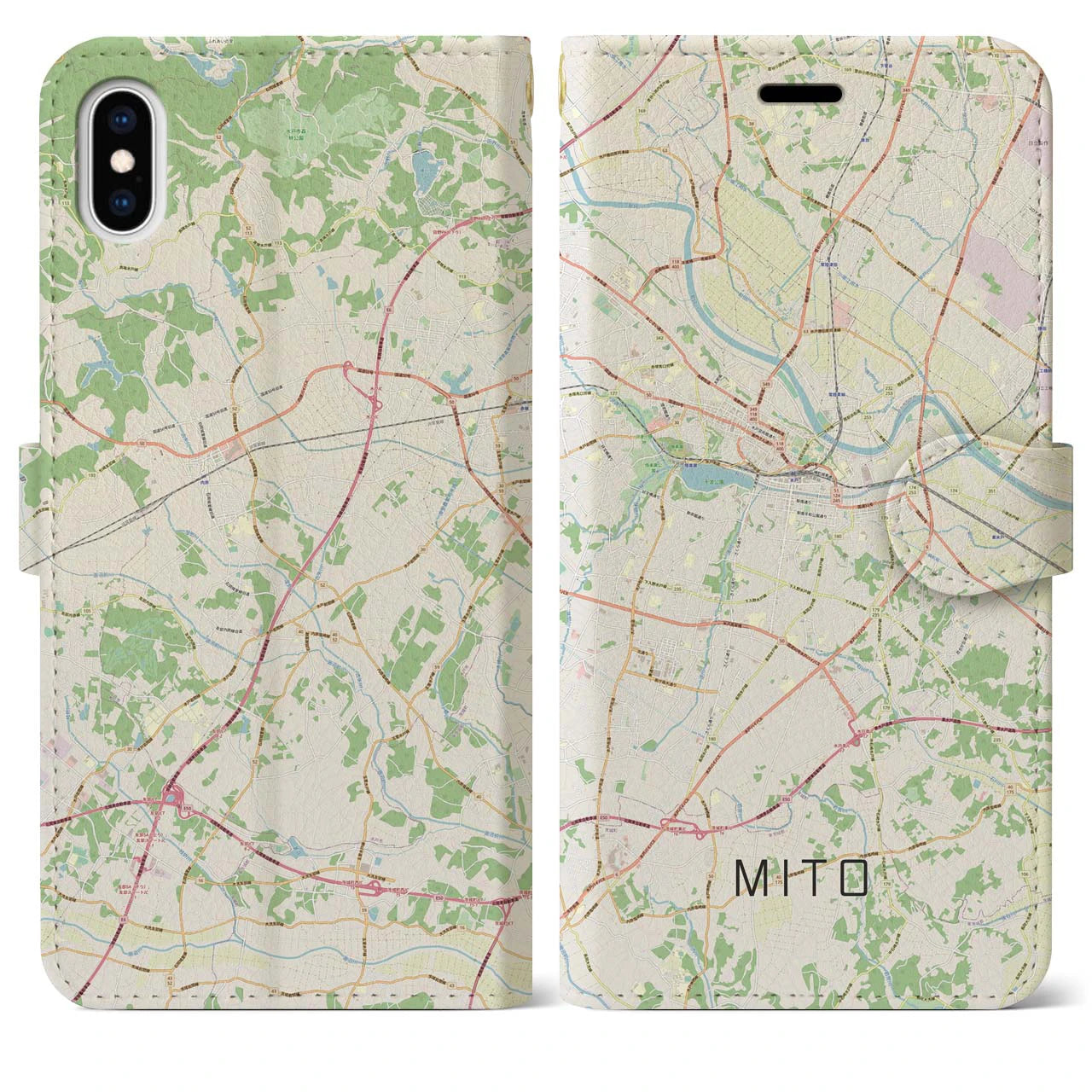 【水戸(茨城県)】地図柄iPhoneケース(手帳タイプ)ナチュラル・iPhone XS Max 用