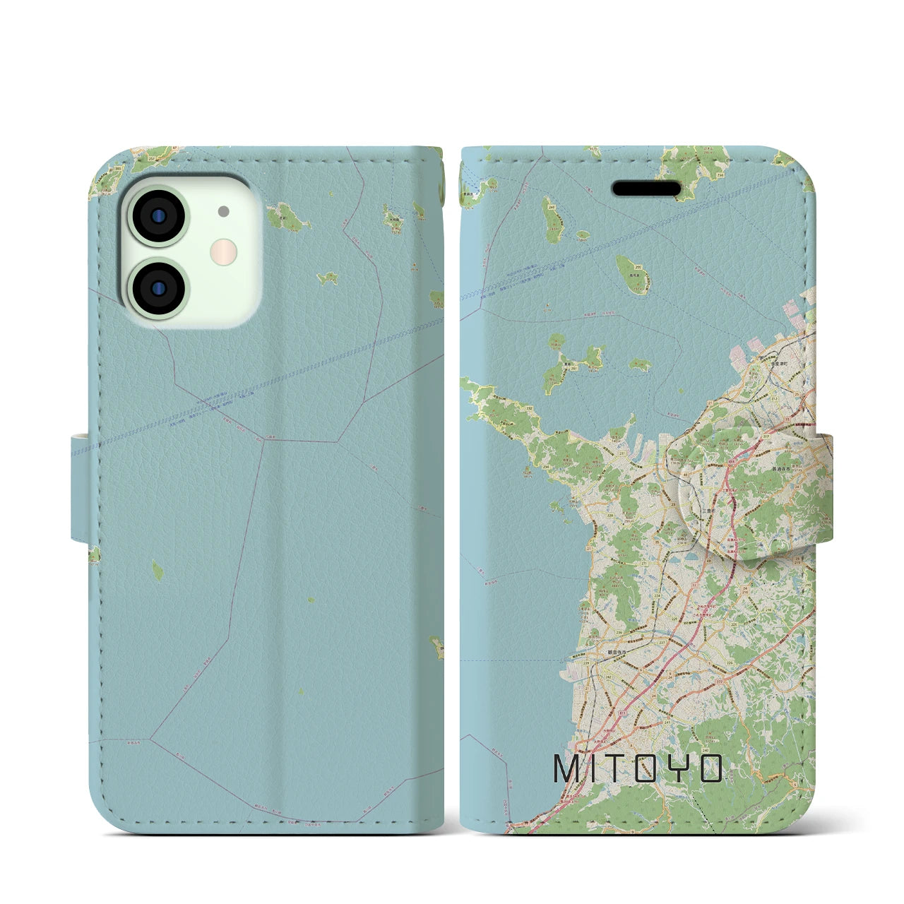 【三豊(香川県)】地図柄iPhoneケース(手帳タイプ)ナチュラル・iPhone 12 mini 用