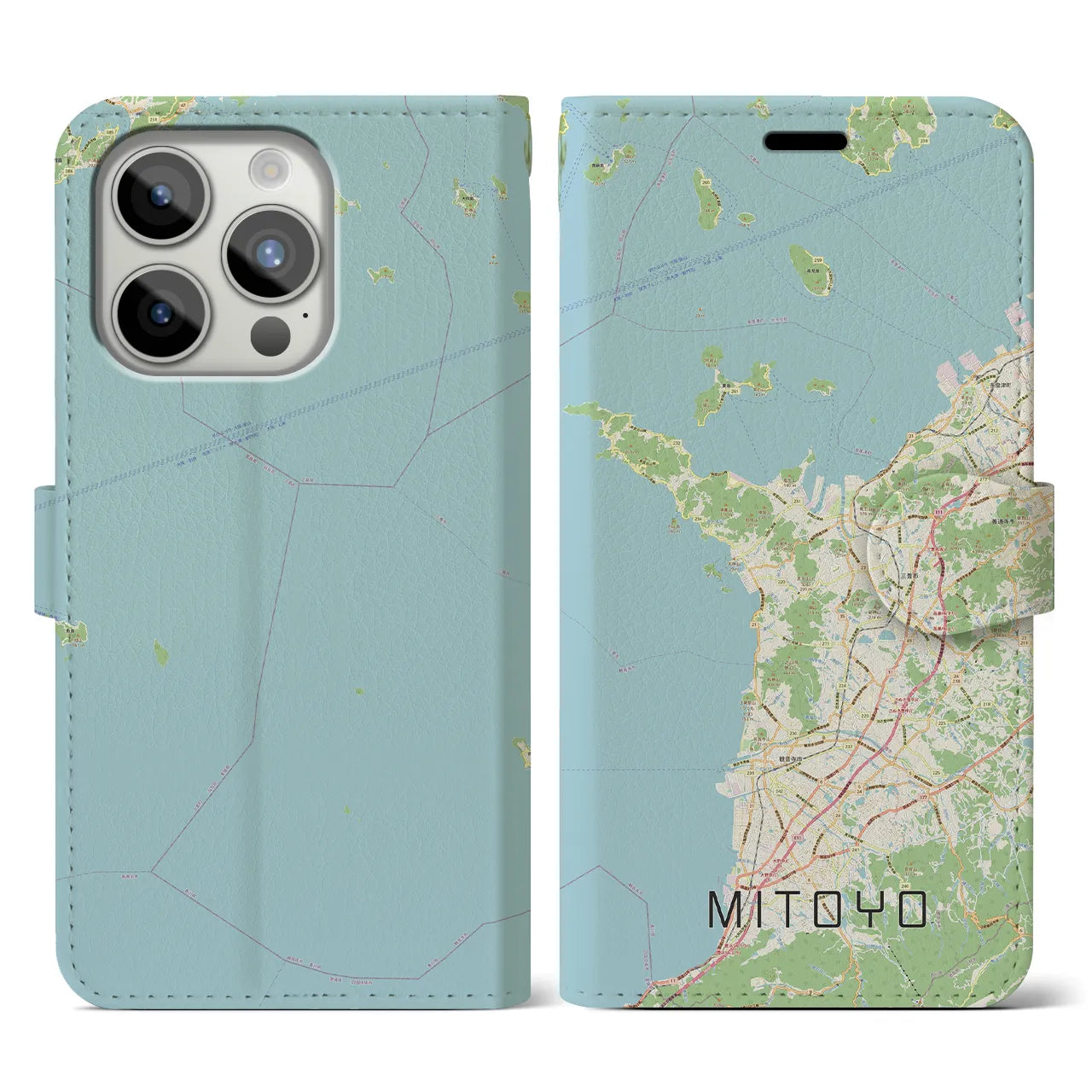【三豊(香川県)】地図柄iPhoneケース(手帳タイプ)ナチュラル・iPhone 15 Pro 用