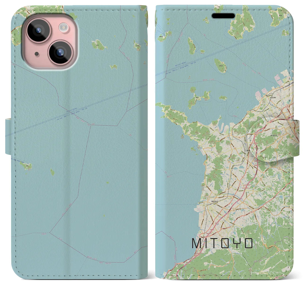 【三豊(香川県)】地図柄iPhoneケース(手帳タイプ)ナチュラル・iPhone 15 Plus 用