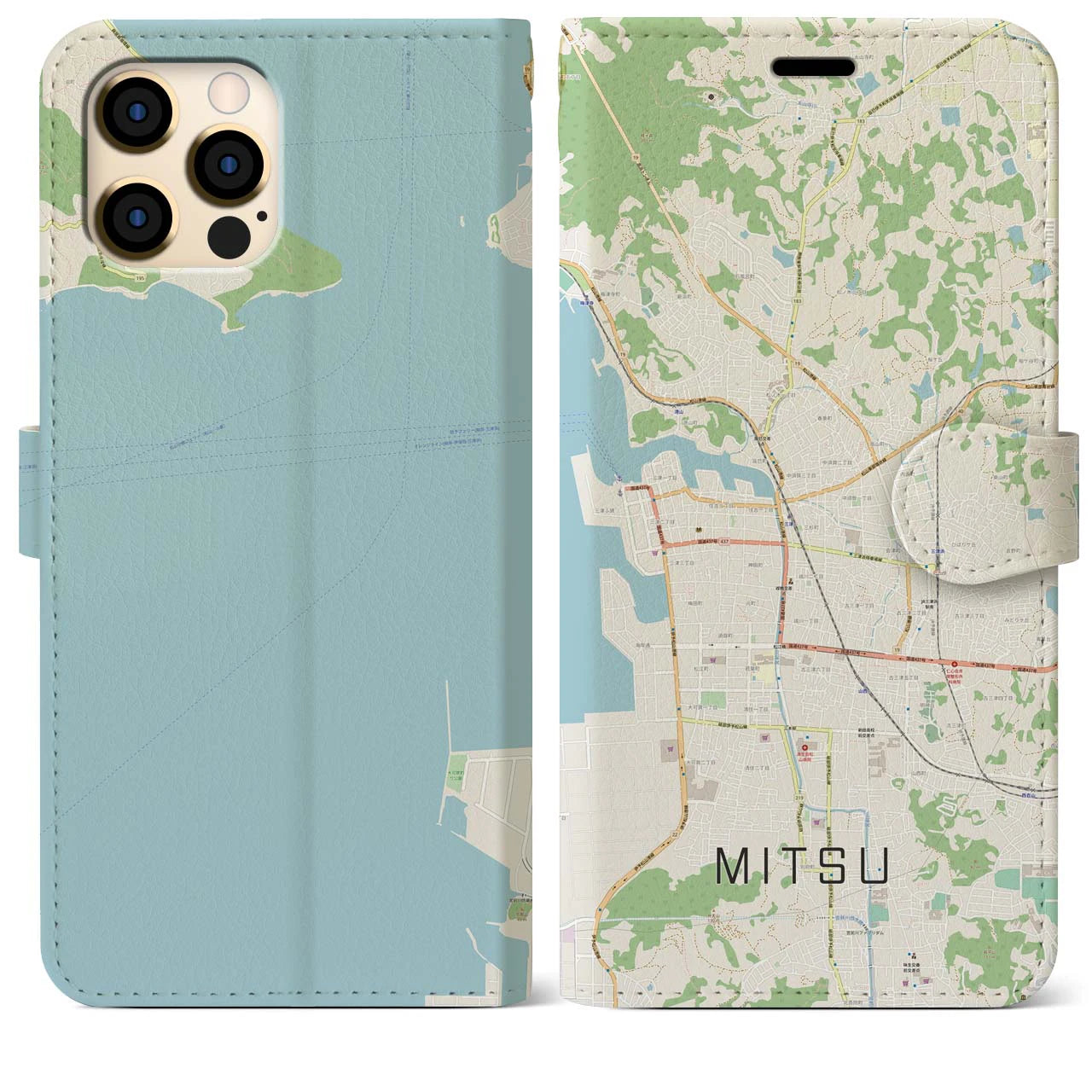 【三津(愛媛県)】地図柄iPhoneケース(手帳タイプ)ナチュラル・iPhone 12 Pro Max 用