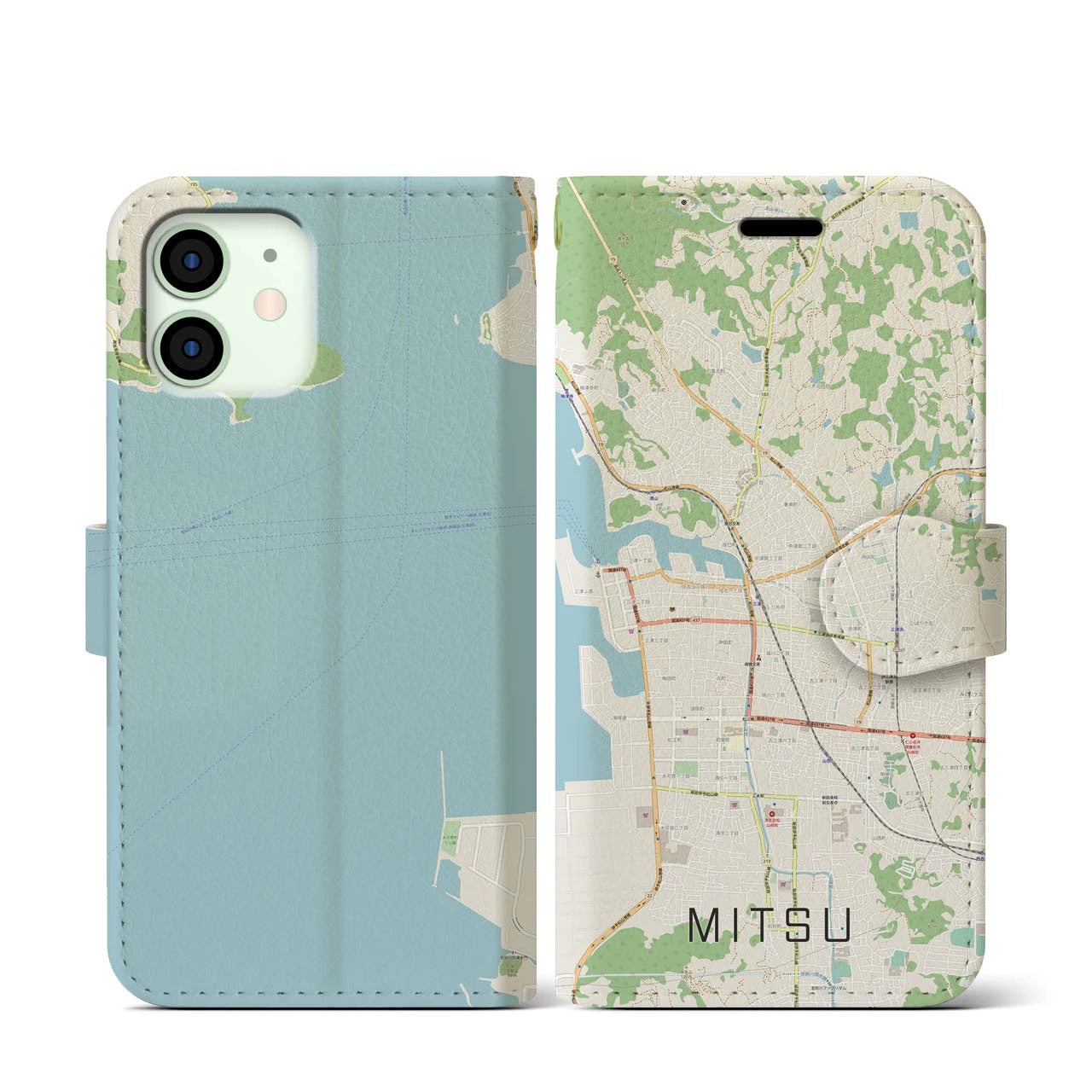 【三津(愛媛県)】地図柄iPhoneケース(手帳タイプ)ナチュラル・iPhone 12 mini 用